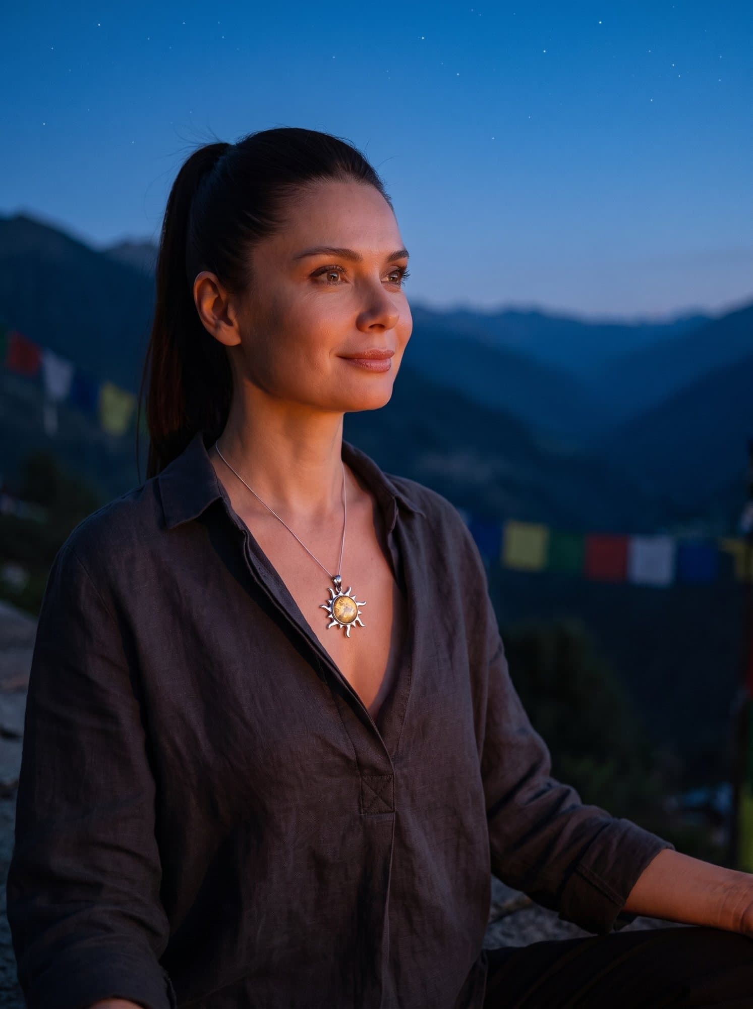 A woman wearing a meteorite pendant at dawn in the mountains